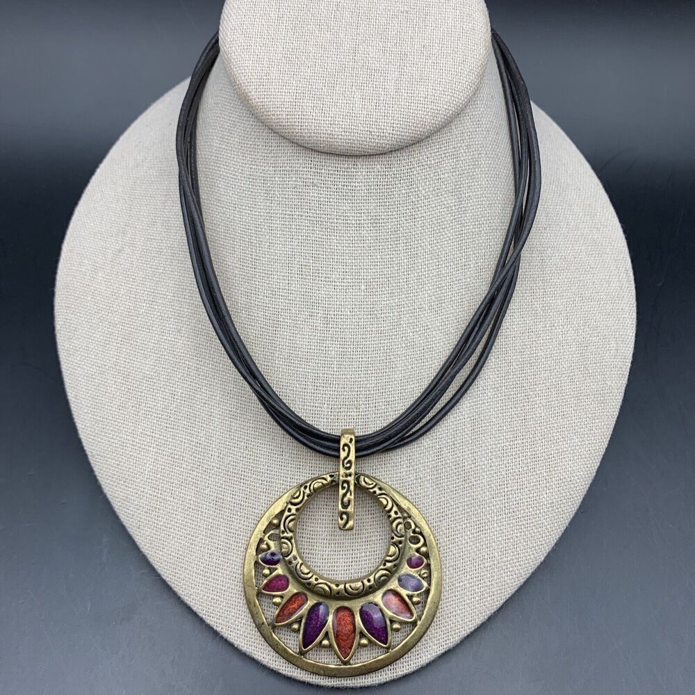 Chicos Pendant Necklace Round Gold Tone Red Purple Enamel Black Cord Boho